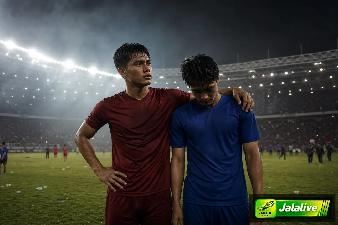Ilustrasi editorial dua pemain sepak bola di stadion malam tanpa logo