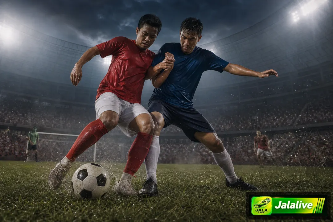 Ilustrasi editorial pertandingan sepak bola antara dua tim di stadion malam