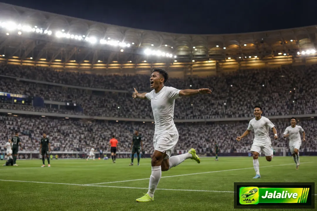 Ilustrasi editorial pemain sepak bola merayakan gol di stadion malam