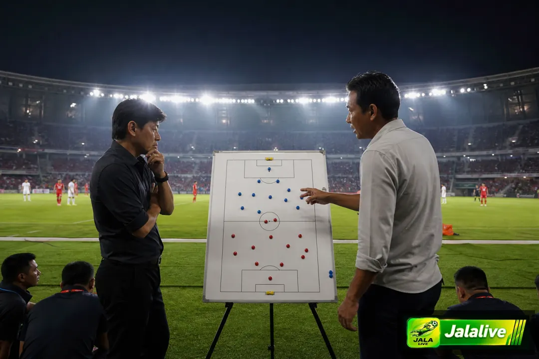Ilustrasi editorial dua pelatih sepak bola di stadion pada malam pertandingan