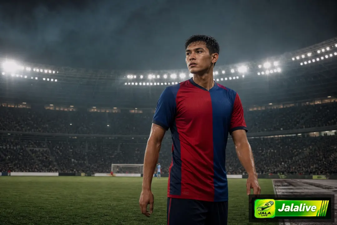 Ilustrasi editorial seorang pemain sepak bola pria dengan jersey biru-merah di stadion malam