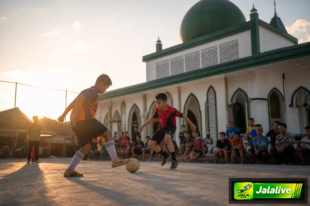 Ilustrasi editorial pertandingan sepakbola warga di jalan depan masjid