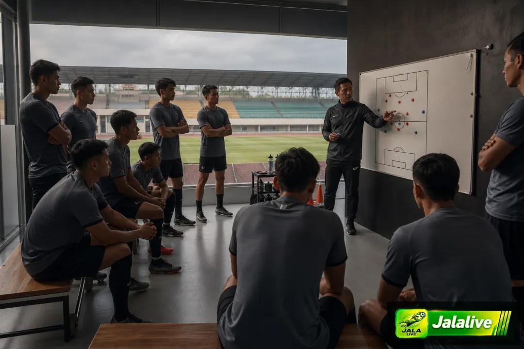 Ilustrasi editorial pemain sepak bola dan pelatih membahas peran di lini tengah