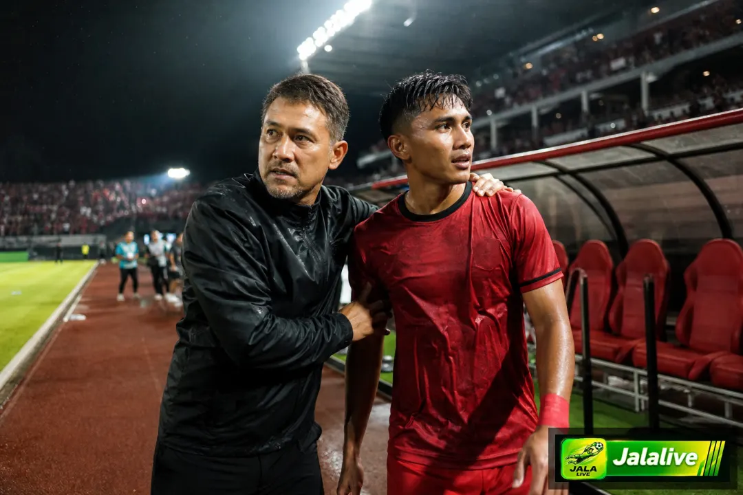 Ilustrasi editorial seorang pelatih dan pemain sepak bola di stadion malam setelah laga