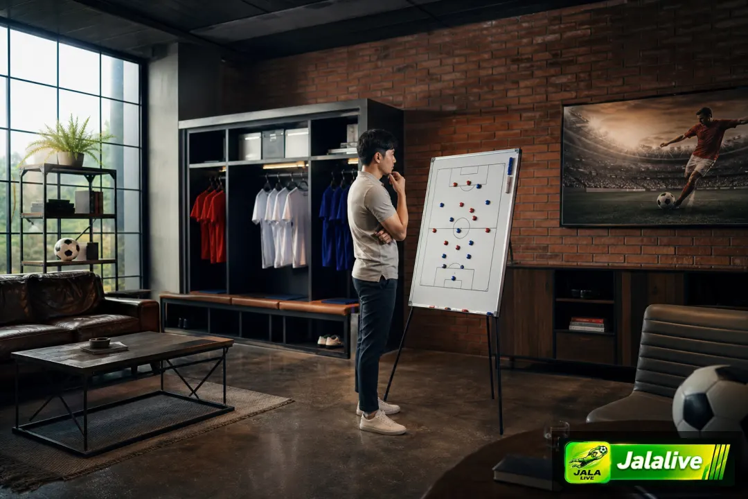 Ilustrasi editorial analisis sepak bola Premier League bersama figur mantan pemain