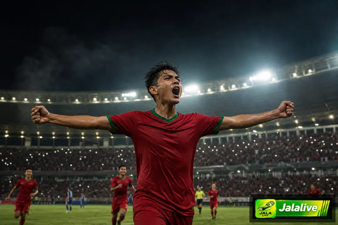 Ilustrasi editorial seorang pemain merayakan gol di stadion malam hari