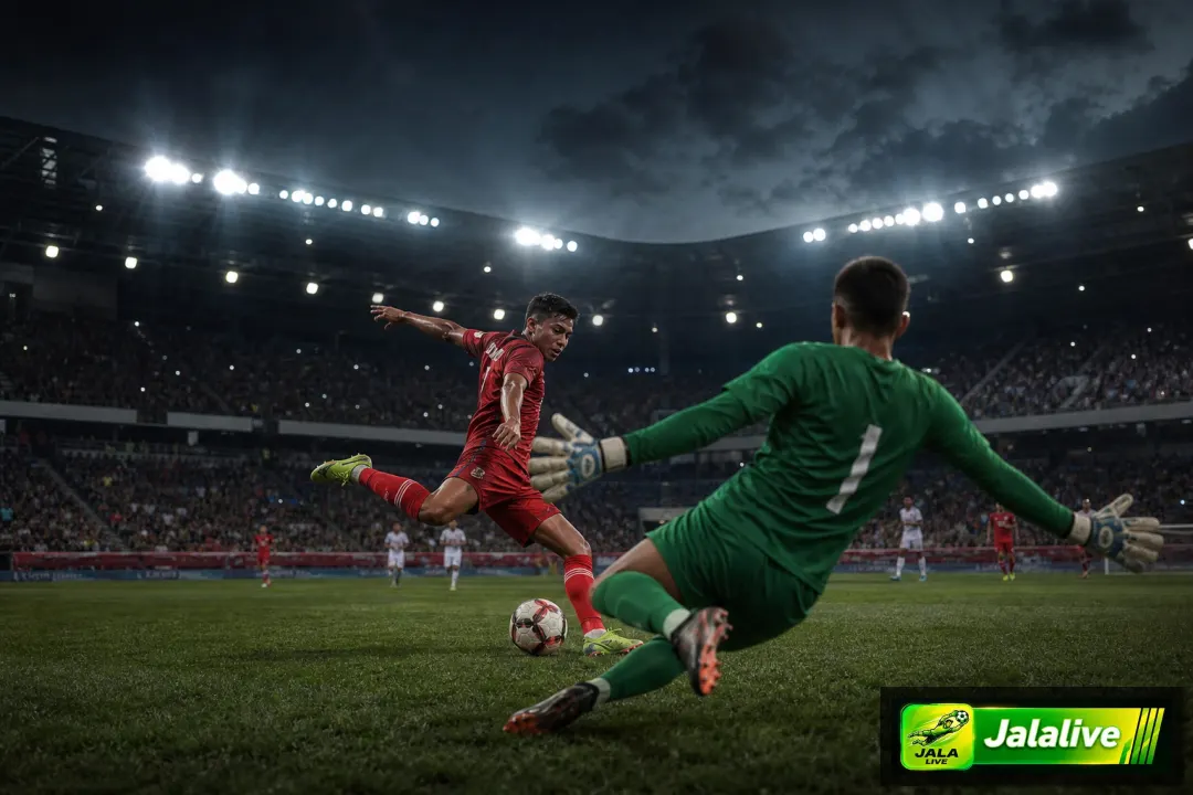 Ilustrasi editorial laga Bayern Munich vs Bodo/Glimt dengan situasi serangan dan penjaga gawang di stadion malam hari.