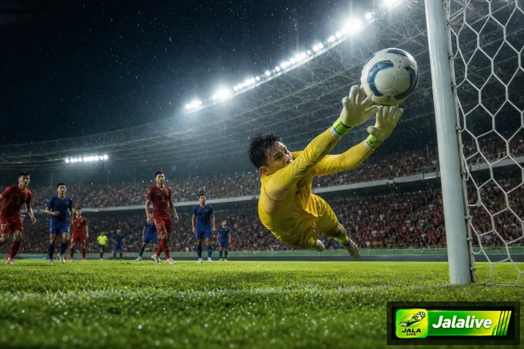 Ilustrasi editorial kiper sepak bola melakukan penyelamatan di stadion