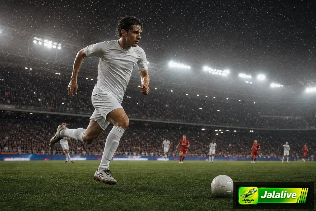 Ilustrasi editorial pemain sepak bola pria Eropa di stadion malam hari