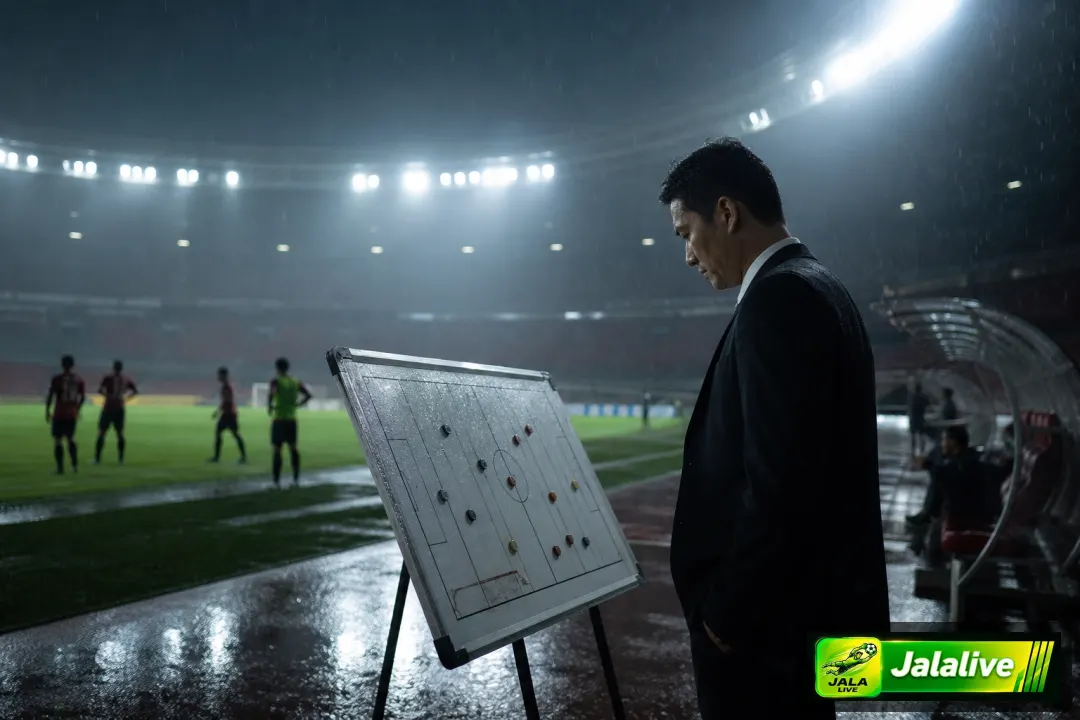 Ilustrasi editorial pelatih sepak bola membahas taktik di pinggir lapangan